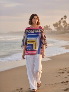 Trina Turk Mouvedre Geometric Colorful‎ Kimono Sleeve Boho Blouse Size XS/S NEW